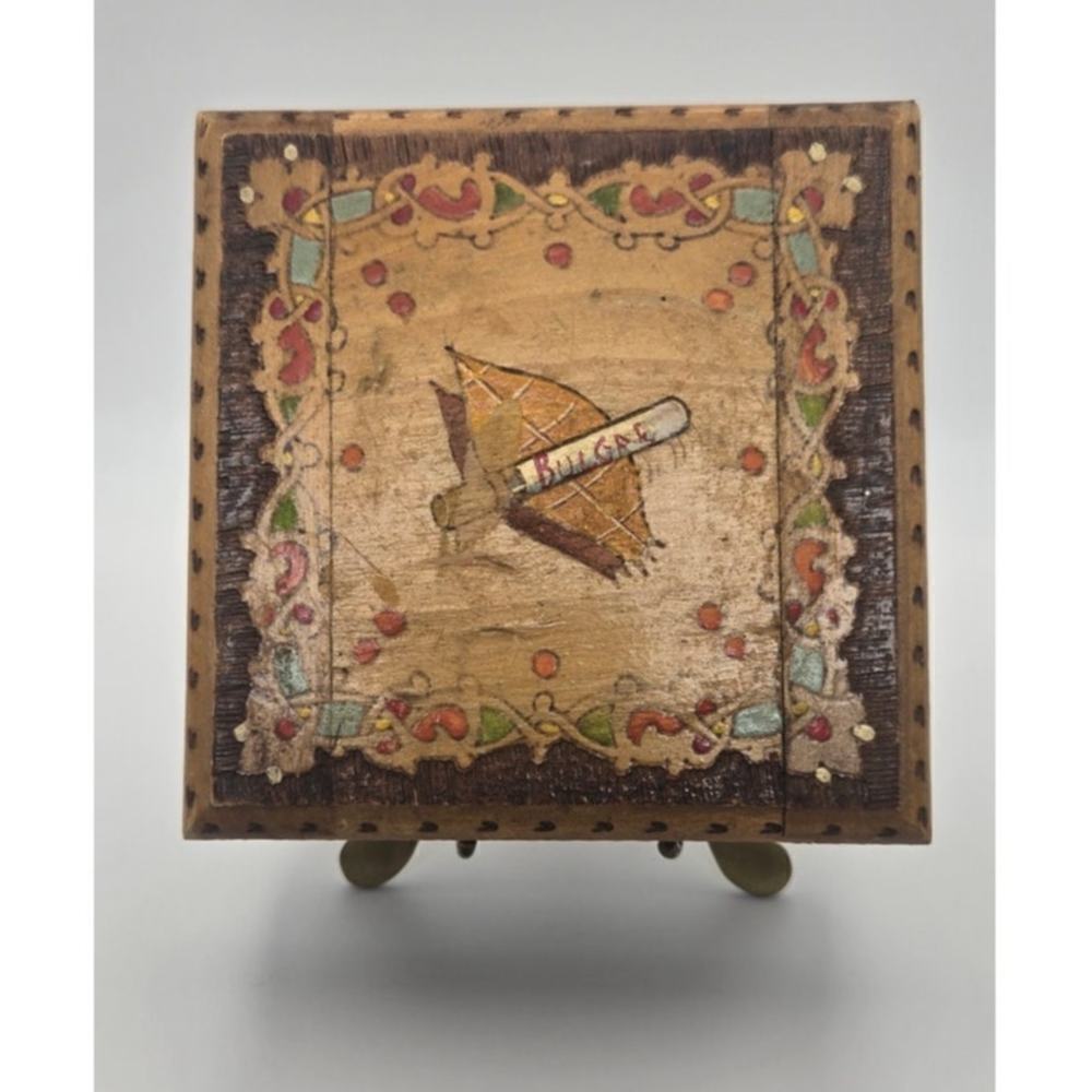 Vintage Wooden Pyrography Cigarette Box Pre-Loved